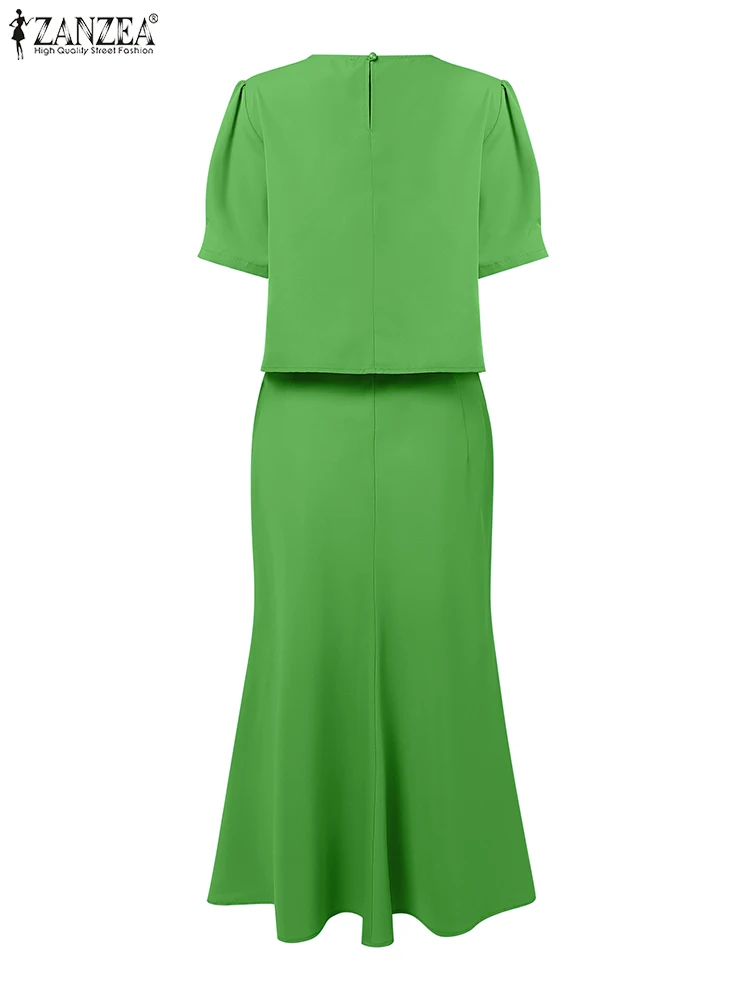 ZANZEA موضة ملابس الصيف 2 قطعة مجموعات فساتين النساء الصلبة OL العمل رياضية أنيقة قصيرة الأكمام بلوزة فستان الشمس قطعتين مجموعات #5