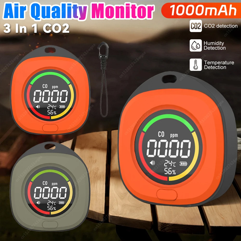 3 In 1 CO2 Detector 1000mAh CO2 Air Quality Monitor Carbon Dioxide Detector Alarm Temp Humidity Sensor for Camping RV Car