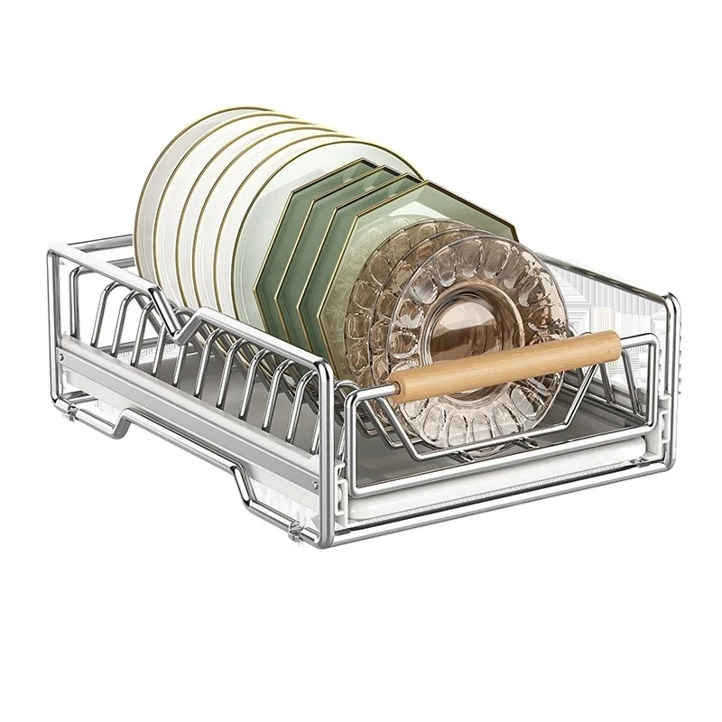 

Stainless steel dish storage rack, shelf in kitchen cabinet, drawer type pull basket pull plate drain
