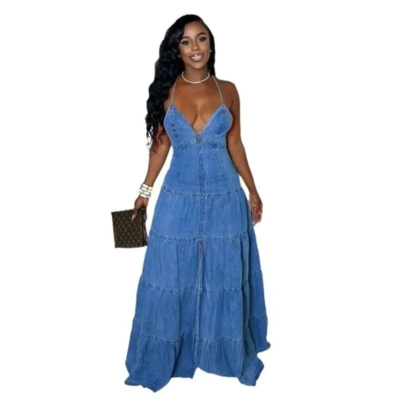 

Джинсовые платья для женщин, 2025 г., элегантное новое милое сексуальное длинное платье с глубоким v-образным вырезом и лямкой на шее, оптовая продажа, дропшиппинг