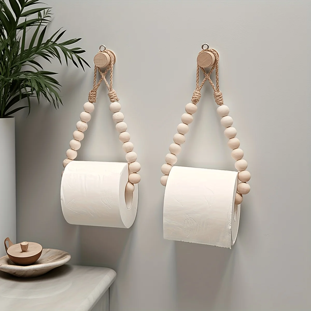 Portarrollos de Papel de Yute sin Taladro, Soporte de Toallas de Madera Sólida Tejida, Portarrollos de Papel Higiénico, Accesorios de Baño Elegantes y Prácticos
