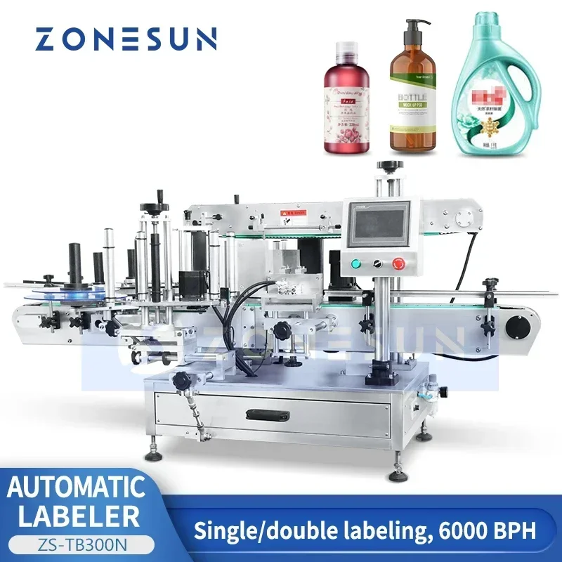 เครื่องติดฉลากอัตโนมัติแบบตั้งโต๊ะ ZONESUN ZS-TB300N สำหรับขวดทรงกลมหรือทรงแบน เช่น ขวดน้ำยาซักผ้า ขวดเครื่องดื่ม และขวดโหล