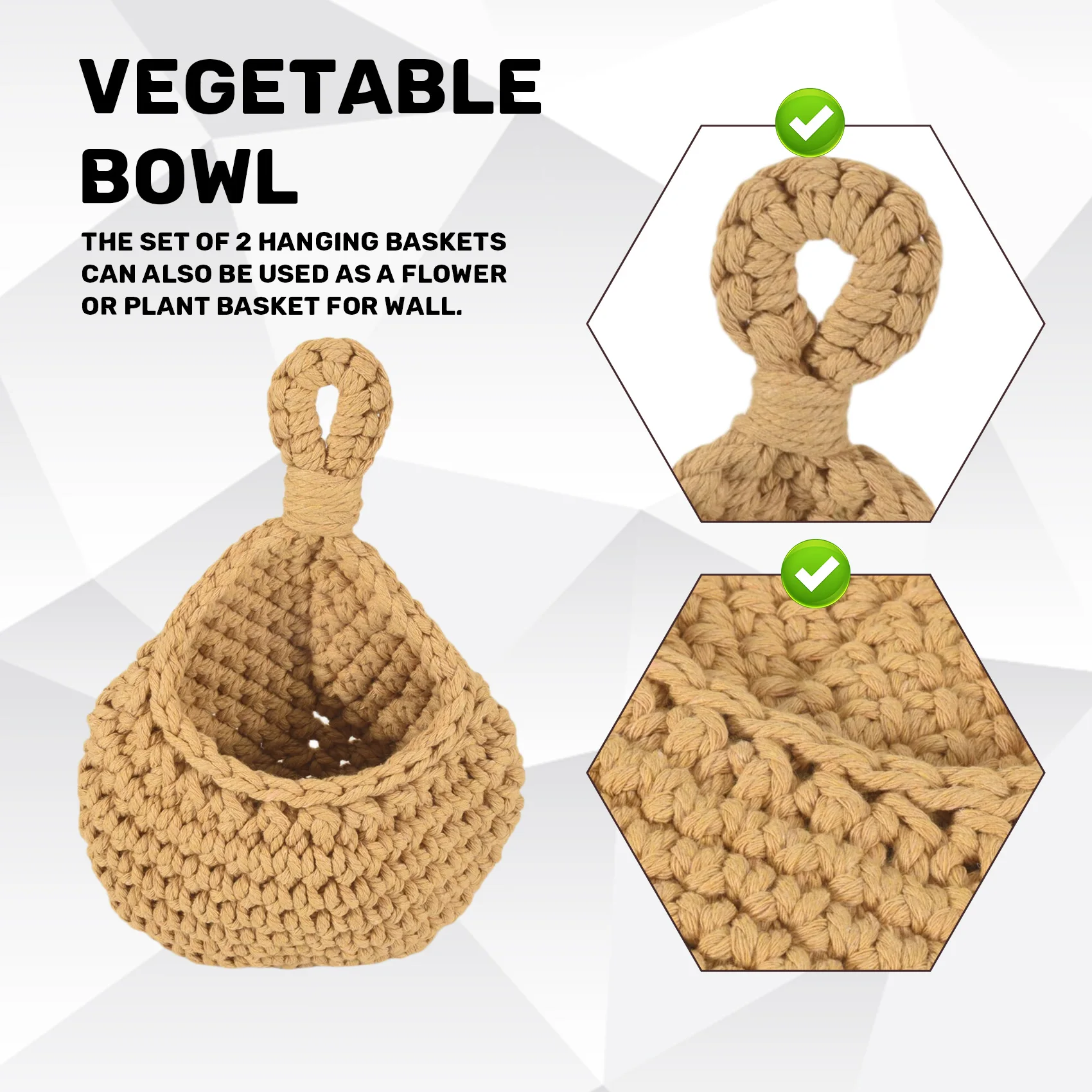 PZHI Jute Hanging Fruit Basket for Kitchen, Boho Potato Onion Storage Basket, Bohemian Vegetable Bowl, Wall Decor, Set of 2