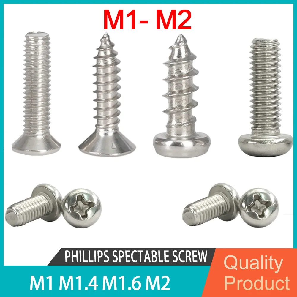 Small Screws Watch Glasses Spectacle Screw 304 Stainless Steel Pan Flat Head Metric Threaded Phillips Bolts M1 M1.2 M1.4 M1.6 M2