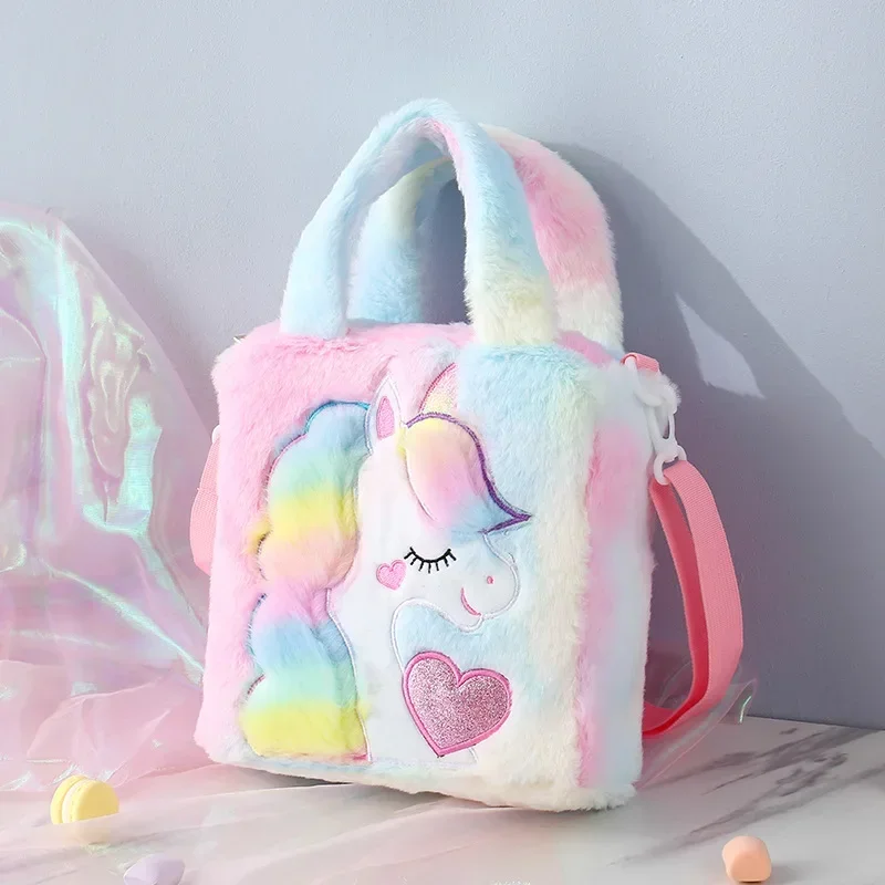 Bolsos de hombro para niños, bolso de un solo hombro de felpa, bordado de dibujos animados, para niña bolso cruzado, bolso para niños, bolso para niña unicornio