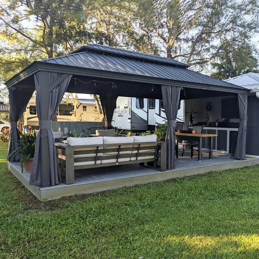 

12' X 20'Permanent Hardtop Gazebo with Galvanized Steel Double Roof for Patio Lawn and Garden, Curtains and Netting Included