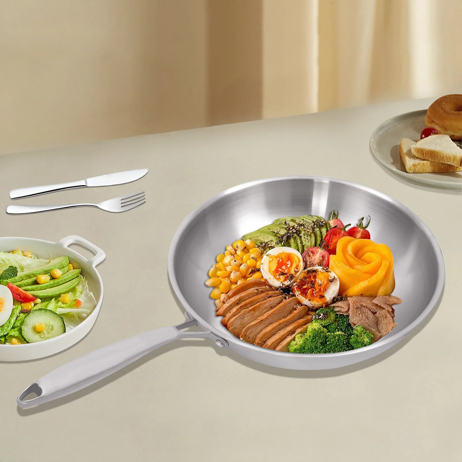 Sartén redonda de acero inoxidable de 30x9cm, Wok de cocina de estilo chino con tapa de vidrio templado para freír alimentos de cocina para el hogar