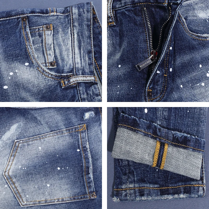 Y2k New High Quality Men's Jeans, Wrinkled, Washed, Nostalgic, Elastic, Slimming, Blue Jeans, Hip Hop Brand Pants, Hombre