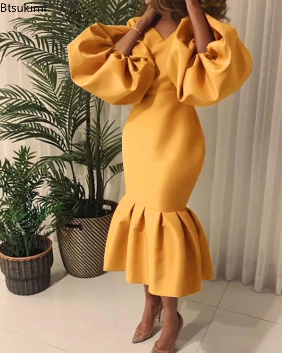 New2025 Afrikanische frauen Mode Einfarbig V-ausschnitt Blase Langarm Fischschwanz Kleid V Kragen Bodycon Sexy Elegante Abendkleid