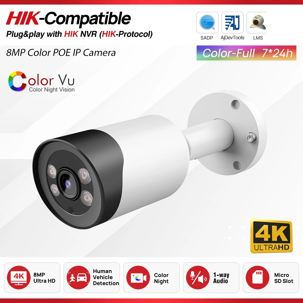 Hikvision Compatible 4k 8MP 24/7 full-color image IP Camera Human car Detection CCTV Security Camera Video surveillance