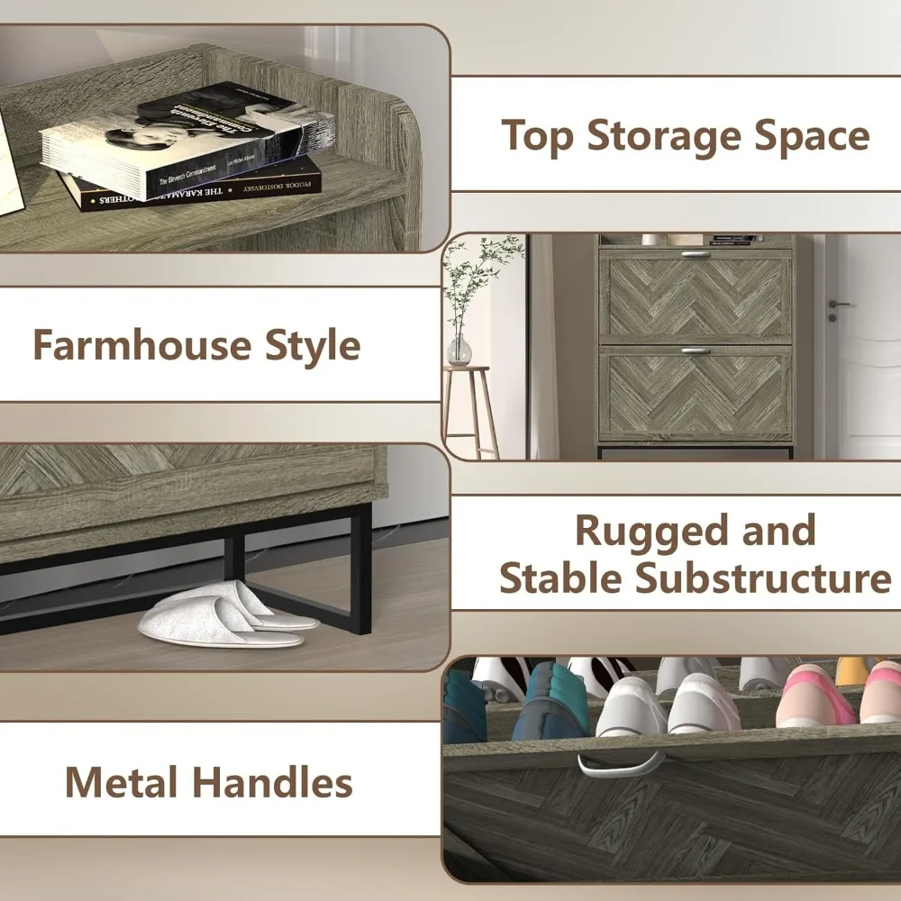 خزانة تخزين الأحذية على طراز المزرعة مع درجين، منظم أحذية ضيق للمدخل، رف مخفي بأرجل معدنية