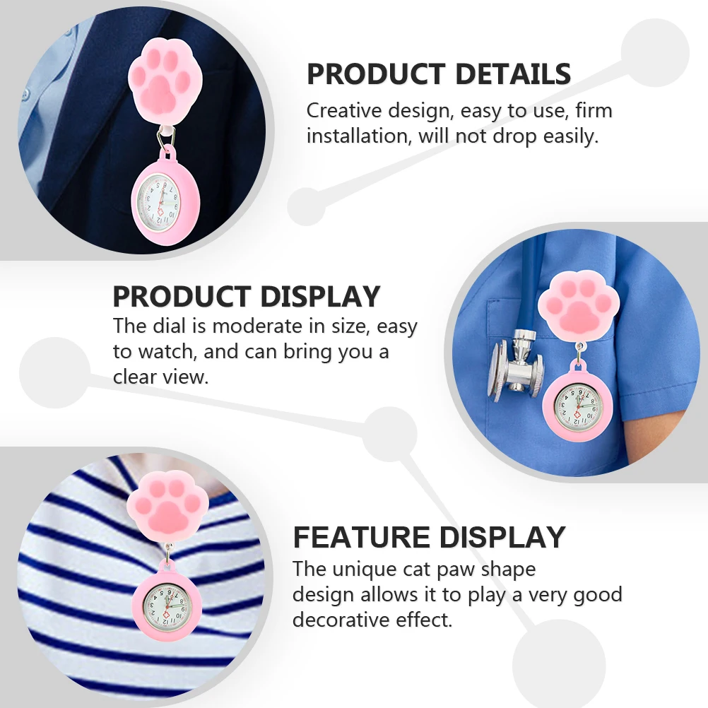 

2Pcs Soft Hanging Watch Paw Shape Nurse Pocket Watch Clip-on Fob Silicone Lapel Cute Student Exam Watches