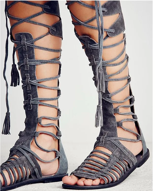 Solid Color Velvet Multi-Strap Knee-High Sandals Cross-Strap Flat Casual Lace Up Hollow Summer Gladiator Open Toe Sheos