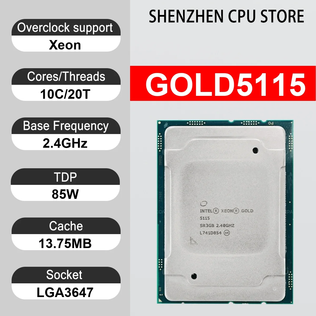 Intel Xeon GOLD5115 10 Core 20 Thread 2.40GHz 85W 13.75MB Cache 14nm LGA3647 SR3GB DDR4-2400 MHz Skylake-SP