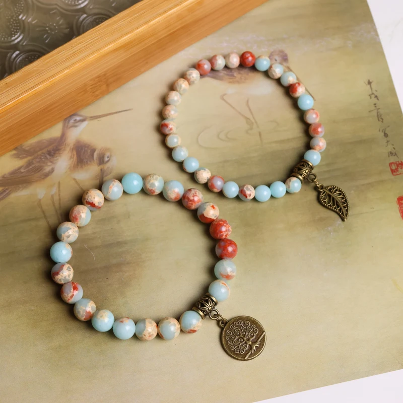 Natural Semi Precious Gemstone beads bracelet for women - Life Tree and Leaf Charm Energy Healing Reiki Crystal Stretch Bracelet