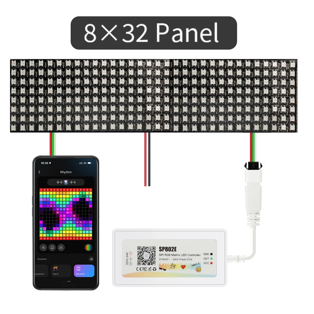 

WiFI BT SP802E SPI RGB Matrix LED Controller 4x12 8x8 16x16 8x32 WS2812 Addressable LED Digital Panel DIY strip screen display