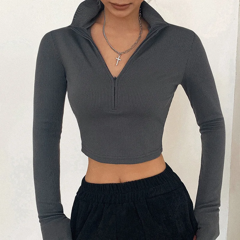 New Spring Fashion Women's Long Sleeved Top T-shirt Girls Zipper Half Open Collar Versatile Slim Fit T-shirt