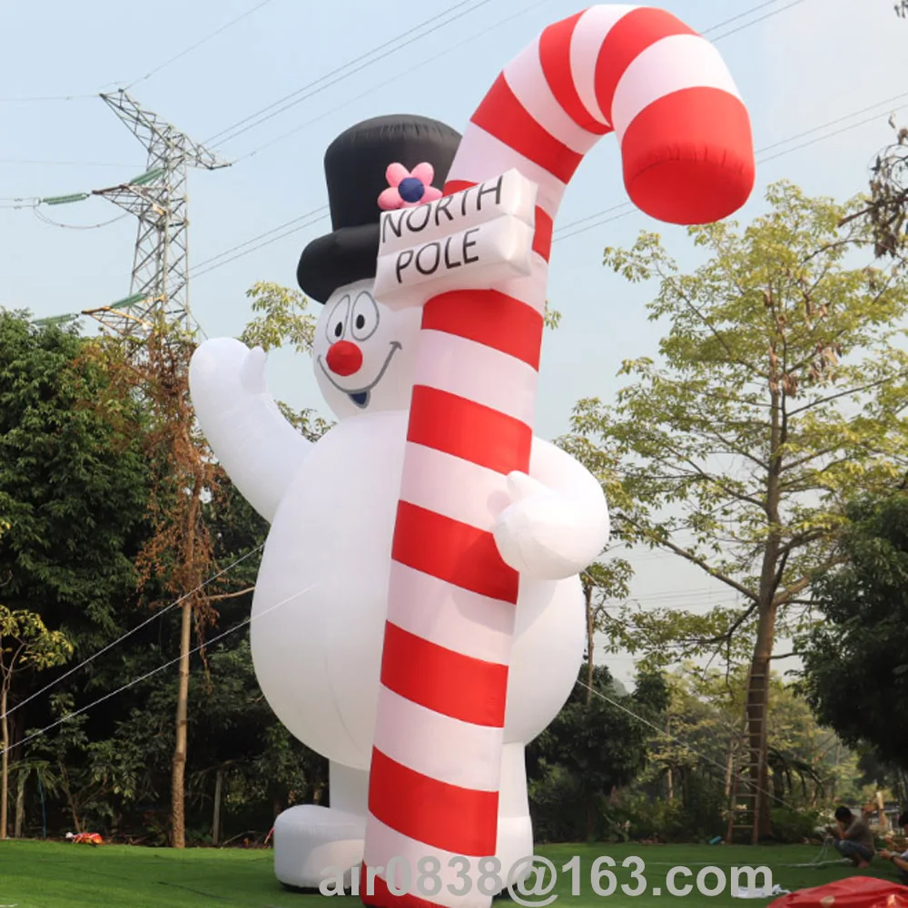 Muñeco de nieve helado inflable gigante para exteriores con bastón de caramelo, globo de dibujos animados de muñeco de nieve iluminado grande para decoración navideña