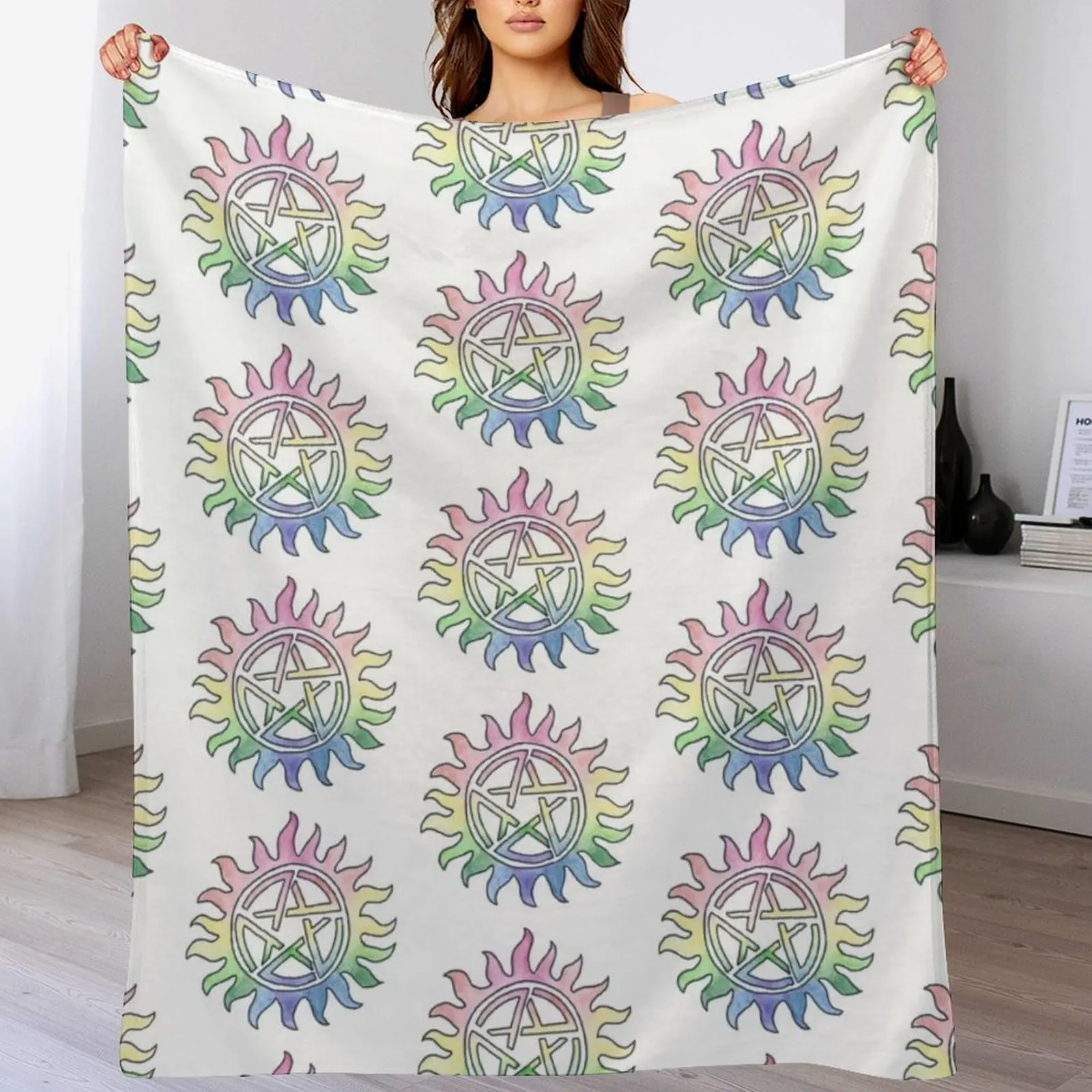 Rainbow Supernatural Anti-Possession Symbol Throw Blanket Soft Sherpa Fleece Warm Blanket for Winter