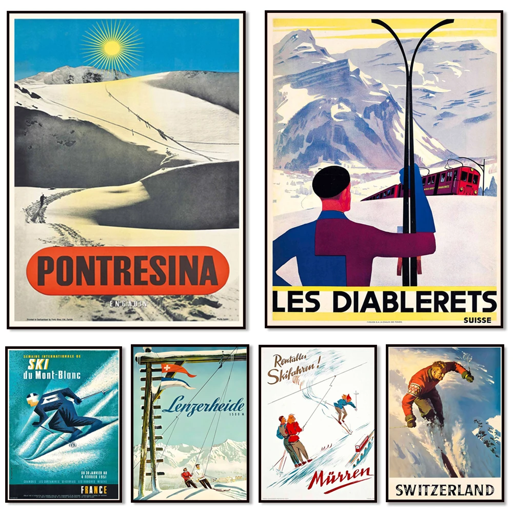 Davos, Switzerland -Lenzerheide, Switzerland -Chamonix, Mont Blanc, France - Pontresina, Switzerland - Vintage Ski Poster