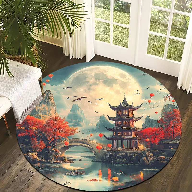 pagoda under the night sky Flannel-printed round floor mats are slip-resistant Suitable for room bedroom terrace garden carpets