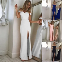 Women Split Bodycon Long Maxi Dress Party Wedding Prom Formal Elegant Solid White Off Shoulder Sleeveless Bandage Cheap Clothes