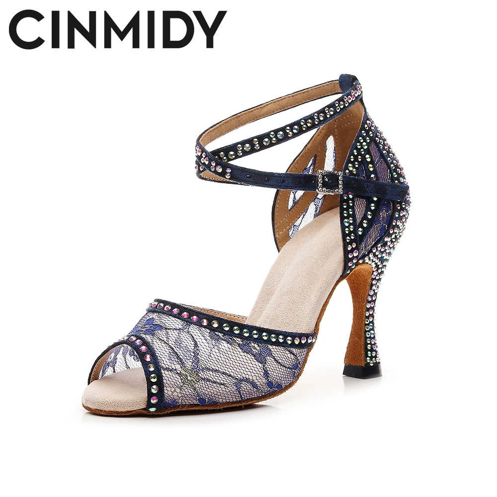 CINMIDY Fashion Lace Mesh Dance Shoes Women's Soft Salsa Tango Latin Dance Shoes Cuban Heels Ballroom Soft Bottom Party Shoes