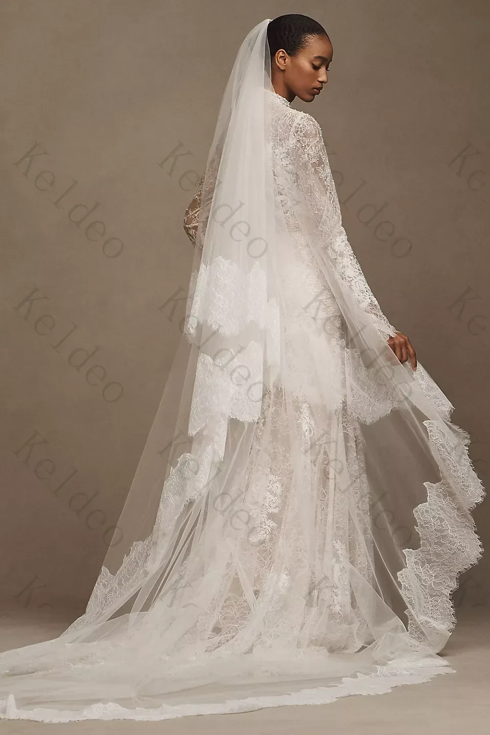 Customized Vintage Mermaid Wedding Dresses Exquisite High Neck Long Bell‑Sleeve Full Floral Lace Sheer Floor‑Length Bridal Gowns