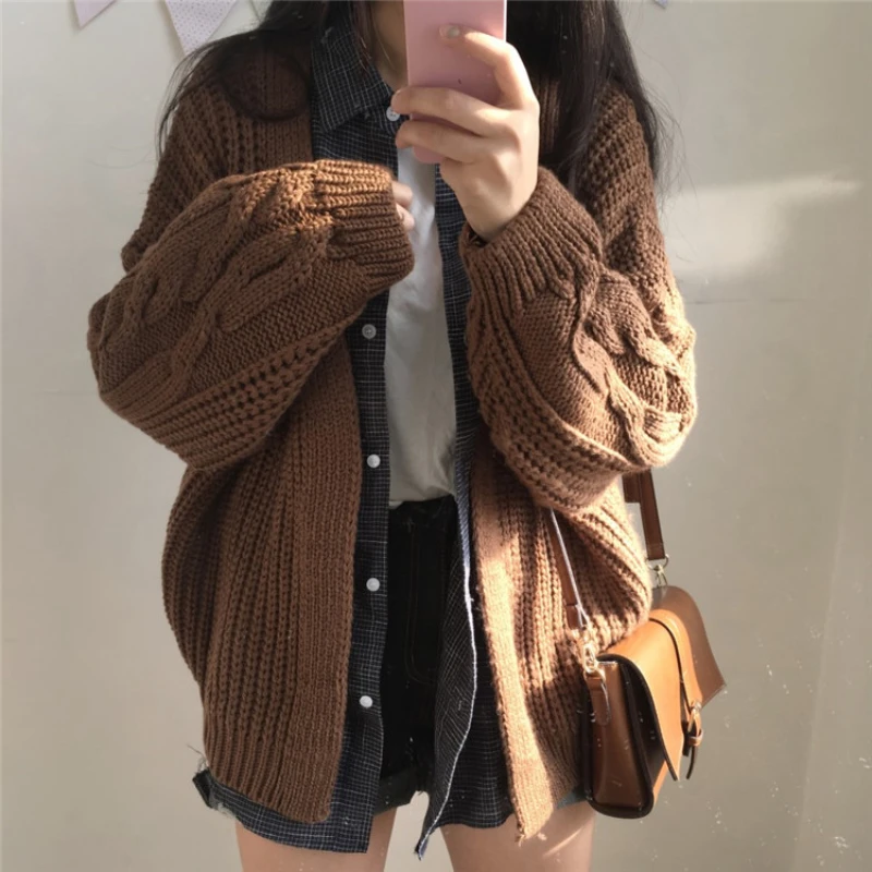 Korean Style Autumn Women's Cashmere Sweater Long Loose Female Knitting Cardigans with Large Pockets V-neck Lady Fashion Sweater