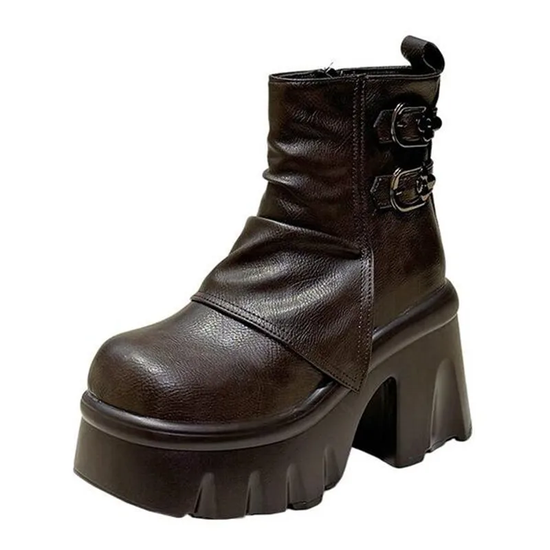 Autumn Winter Women Biker Boots Fashion Belt Buckle Ladies Elegant Platform Long Pipe Booties Casual Women Middle calf Booties