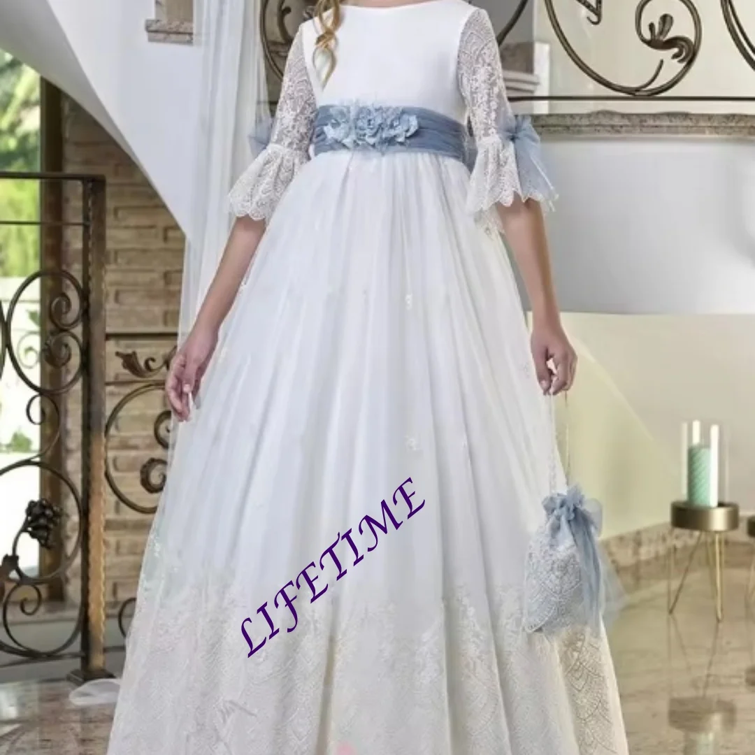Customized A-Line Vestidos Para Comunión with 3D Floral Ruffles Tulle Back Half Sleeve Flower Girl Dresses for Special Occasions