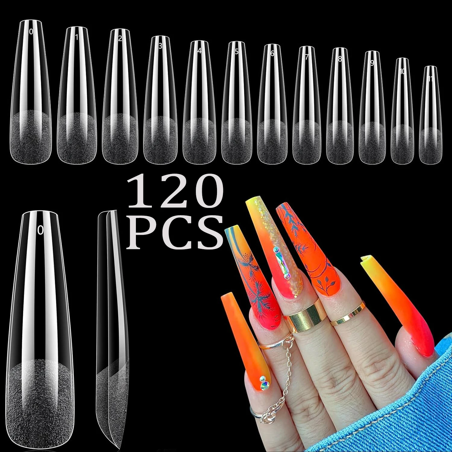 120 Stück Lange Transparente Sargnagelspitzen für Acrylnägel, Nagelstudios und DIY-Nagelkunst, Halbfertiges Produkt mit Klebstoff – Detail 9