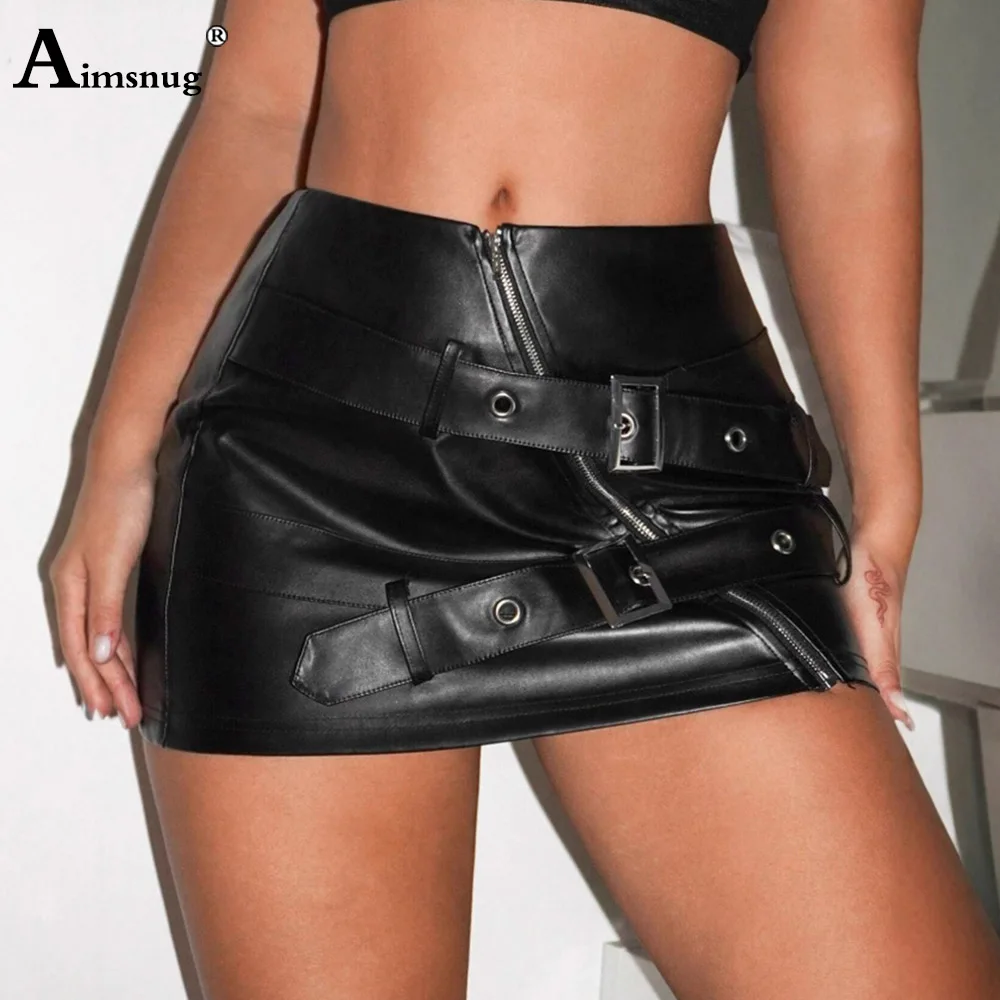 Women Fashion Bandage PU Leather Short Skirts 2025 America And European Sexy Zipper Fly Dance Club Skirt Ladies Mini Bodycon New