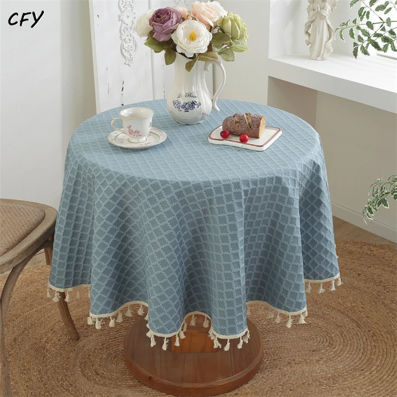 

Cotton Linen Three Dimensional Grid Thickening with Tassels Leaves Round Tablecloth Table Cover Chicken Table Cloth