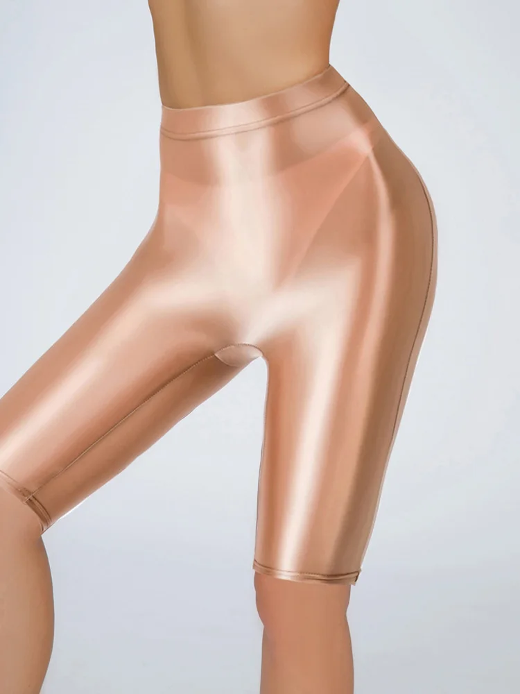 Sexy Women Oil Glossy Shiny Elastic Jeggings Shorts Sheer See Through Soft Stretchy Casual Plus Size Tight Knee-Length Yoga Pant