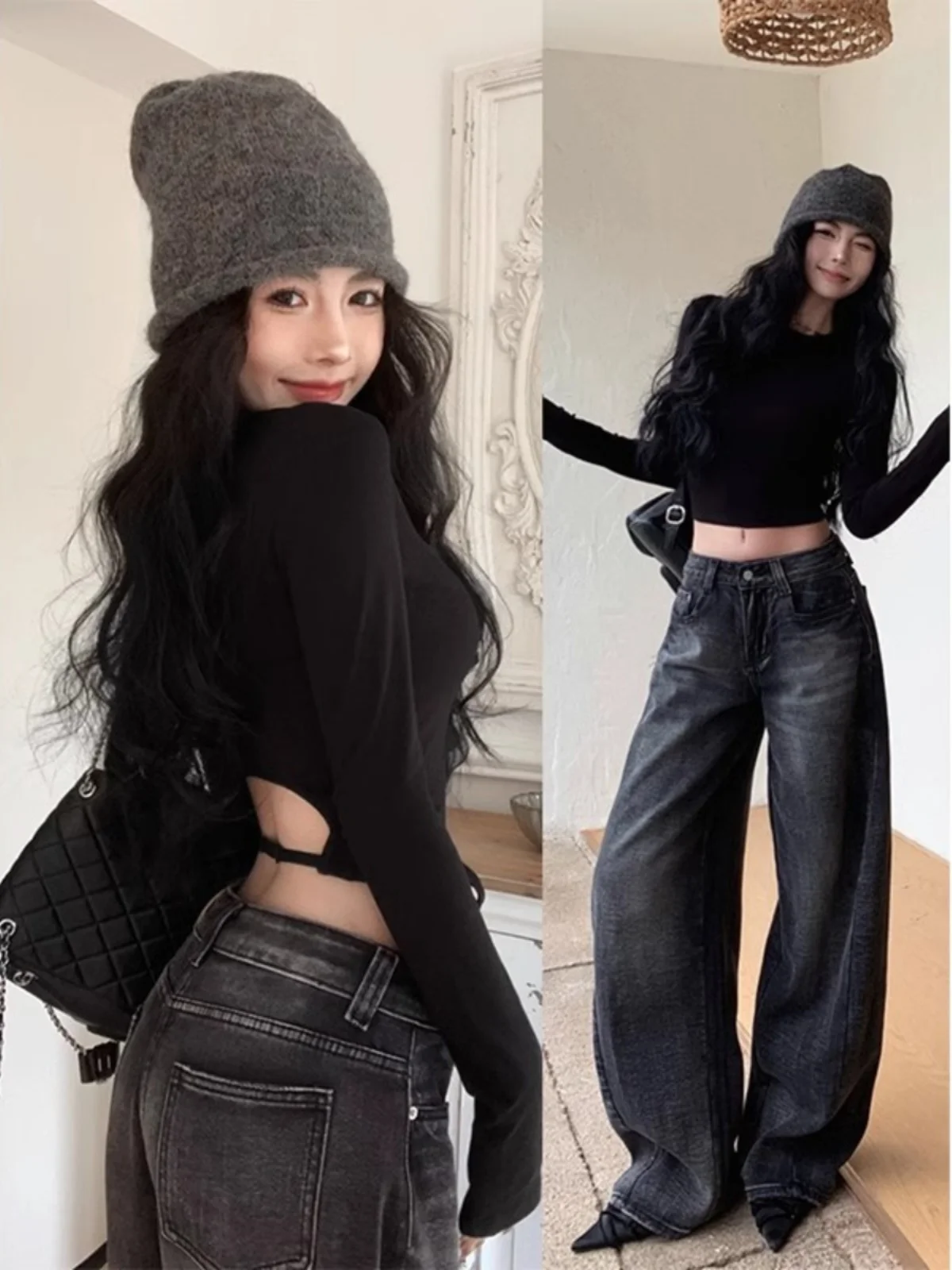 Black Long Sleeve Hollow out T-Shirt Women's Early Autumn Slim Fit Short Style Belly Baring Top Korean Style Casual Wear