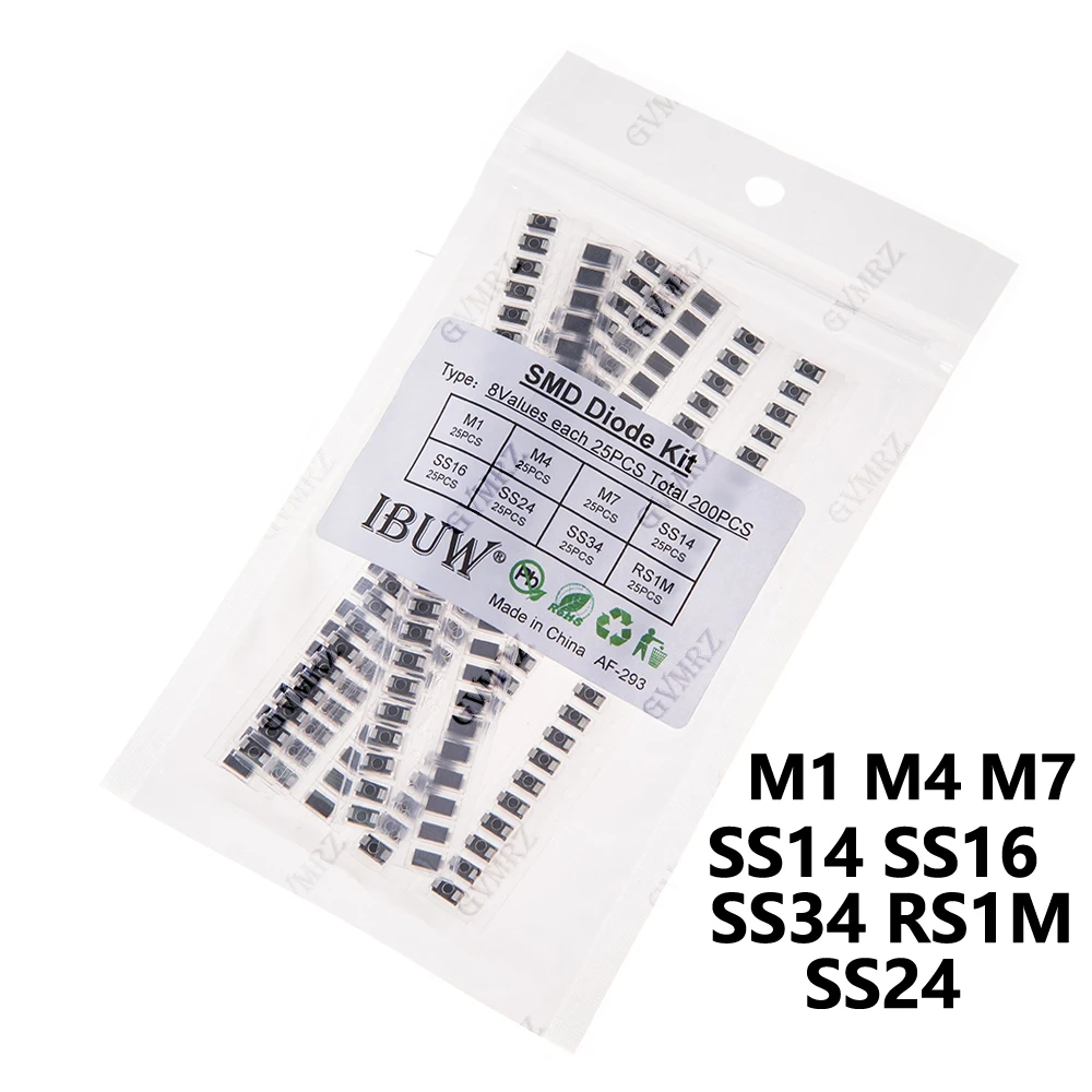 200PCS 8Values SMD Diode Kit M1 M4 M7 SS14 SS16 SS24 SS34 RS1M for Electronic Rectification Projects SS14 SS16 SS24