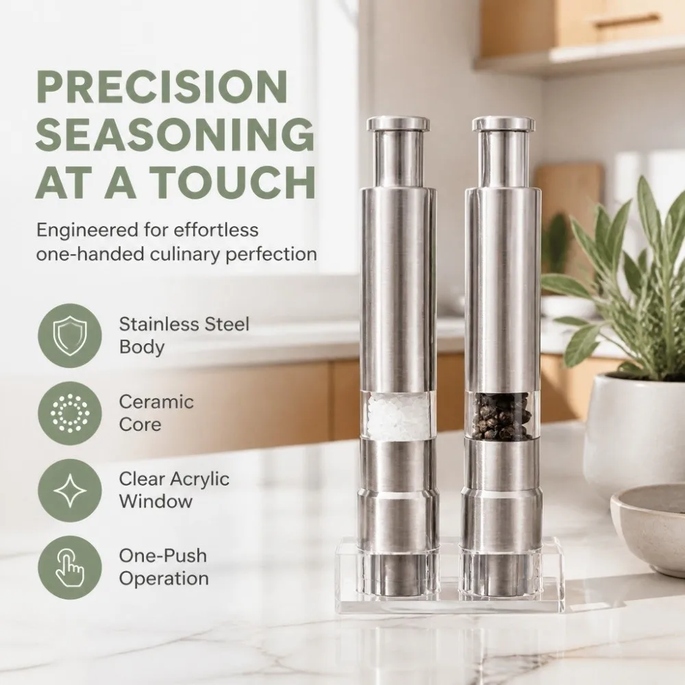 Stainless Steel Salt and Pepper Grinder Set Acrylic Base Easy to Use Manual Pepper Grinder Portable Convenient