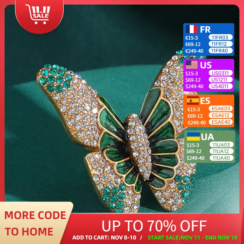 

52mm Big Green Vintage Butterfly Rings Rhinestones Charms Luxury Dubai Jewelry Woman Mothers Day Gift Accessories 2025 New
