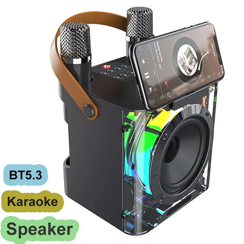 

Portable Karaoke Bluetooth Speaker with Music Rhythm Light 360 Stereo Surround Wireless Soundbox with Dual Microphone Phone Hold