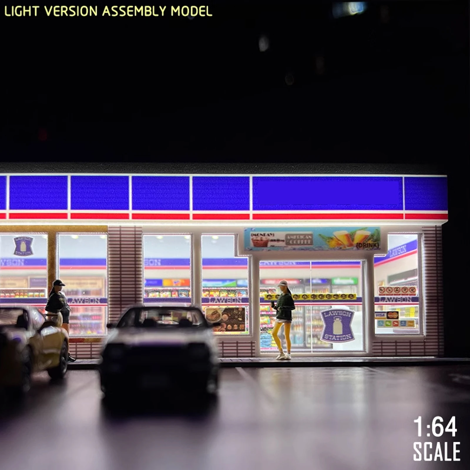 1/64 Rosen Convenience Store Scene Model Street View Display Box Dust Cover Parking Garage with Lights Car Scene Model