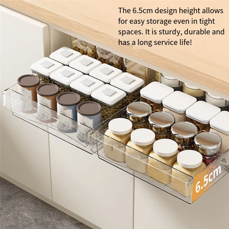 A88E-Retractable Drawer Transparent Sliding Rail Rack Kitchen Storage Box Movable Drawer Storage Basket Storage Box