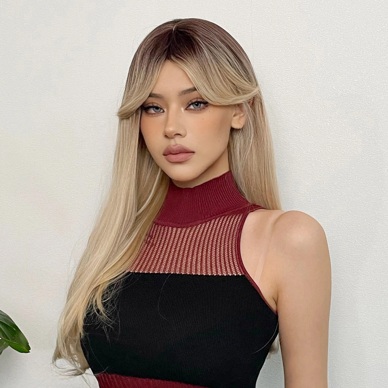 HAIRCUBE Brown to Blonde Ombre Synthetic Wigs Long Straight Fake Hair Wigs for Women With Bangs Daily Party Heat Resistant Wigs