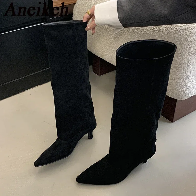 Aneikeh outono inverno apontou toe na altura do joelho botas sapatos mulher 2025 tendência designer vintage fino sapatos de salto baixo botas modernas