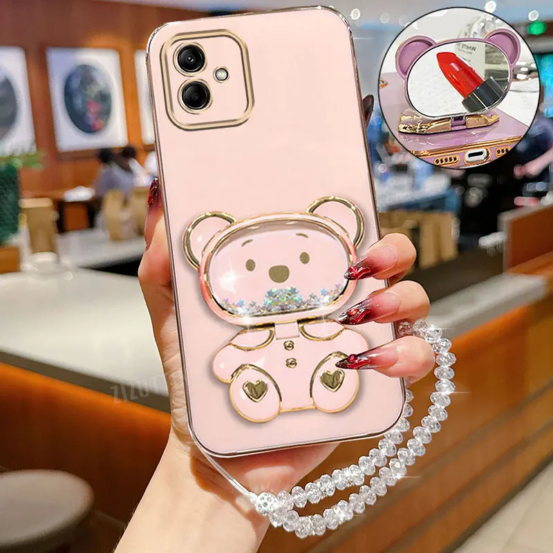 Luxury Crystal Strap Cute Bear Plating Phone Holder Case For Samsung Galaxy M13 M23 M14 M42 M31 M30s M33 M51 M52 M53 M54 M55