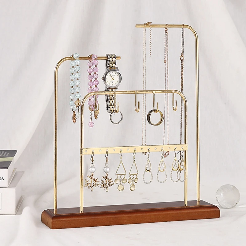 

Earring Holder Metal Earring Stands And Displays With Wooden Base, Jewelry Storage Hanging Shelf For Girl Woman