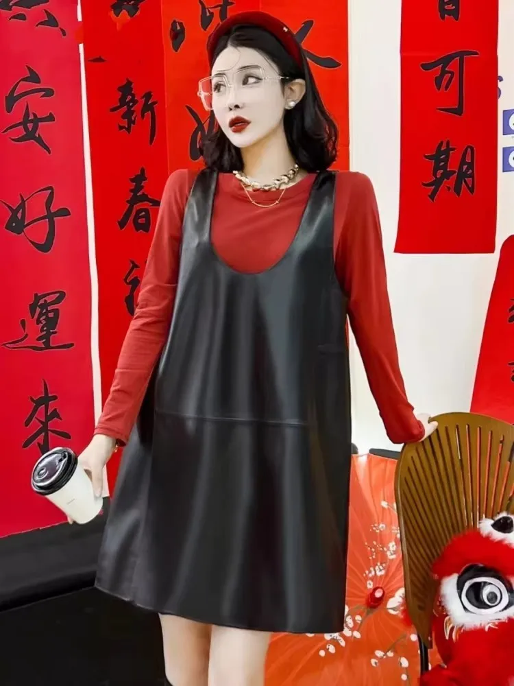 เดรสหนังแท้ทรงเอ สไตล์ลำลอง คอวี แขนกุด สำหรับผู้หญิง ใส่สบาย เหมาะกับฤดูใบไม้ร่วง สีดำ