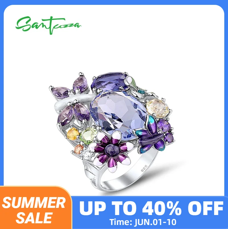 SANTUZZA Pure 925 Sterling Silver Ring for Women Sparkling Purple Butterfly Delicate Plant Party Birthday Gifts Fine Jewelry