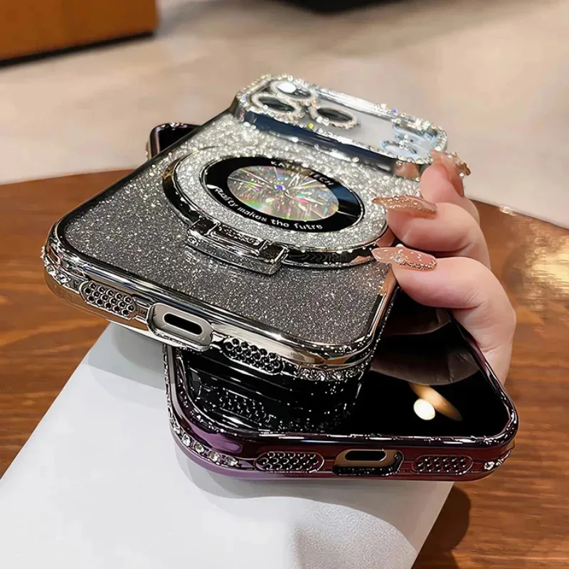 Picture 6: Plating Transparent Diamond Glitter Magnetic Phone Case for iPhone 17 16 13 14 15 Pro Max Lens Protection Bracket Back Cover