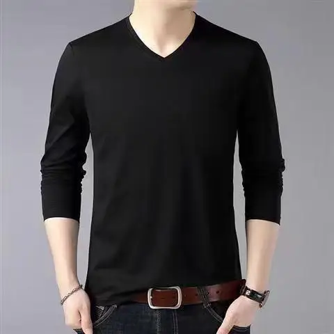 Autumn Winter Casual V-neck Long-sleeved T-shirt for Men Solid Loose Underwear Thermal Streetwear Tee Top Oversized T Shirt